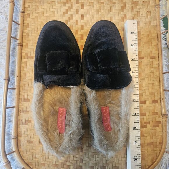 CATHERINE MALANDRINO Black Velvet Fur Flats Size 7 Old Money Goth Suede Bow - Picture 7 of 7